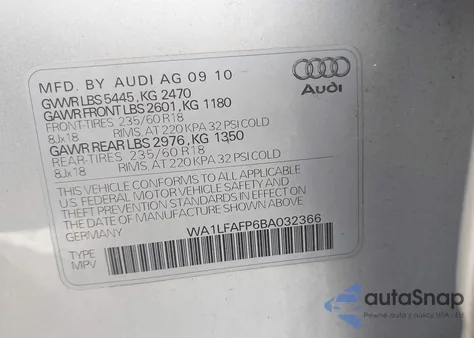 2011 Audi Q5 2.0T Premium из США, поврежденный, VIN WA1LFAFP6BA032366